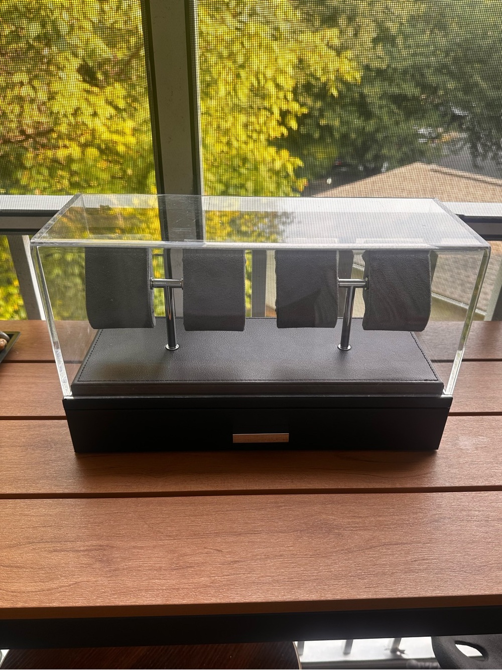 Modern Black Watch Display Case with Clear Acrylic Cover. Leather textured.